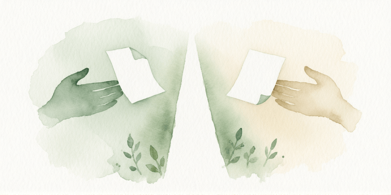 Logistics-only handoff concept showing a brief factual exchange without emotional engagement