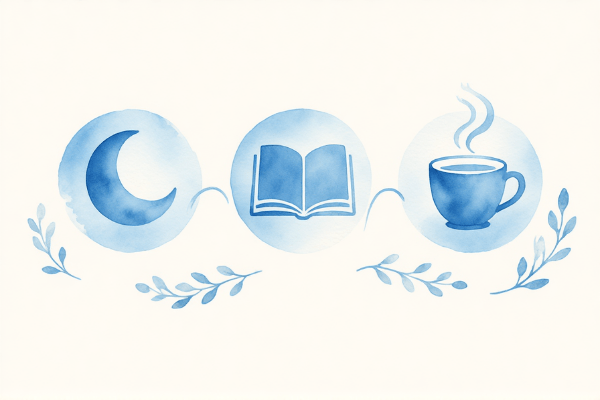 Simple nighttime reset routine illustration showing practical sleep hygiene steps